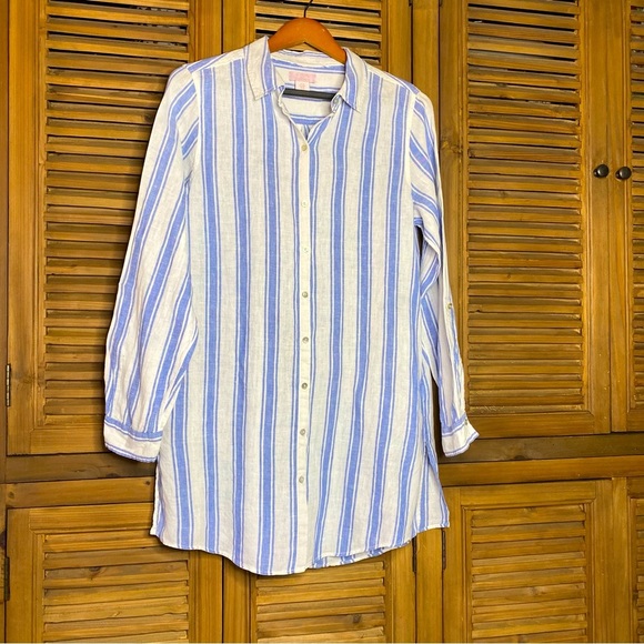St Tropez West baby blue Striped LINEN Tunic Beach Coverup size-Medium - Picture 1 of 9